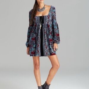 Free People Oh So Easy Babydoll Dress Blue Velvet Puff Sleeve Renaissance,XSp